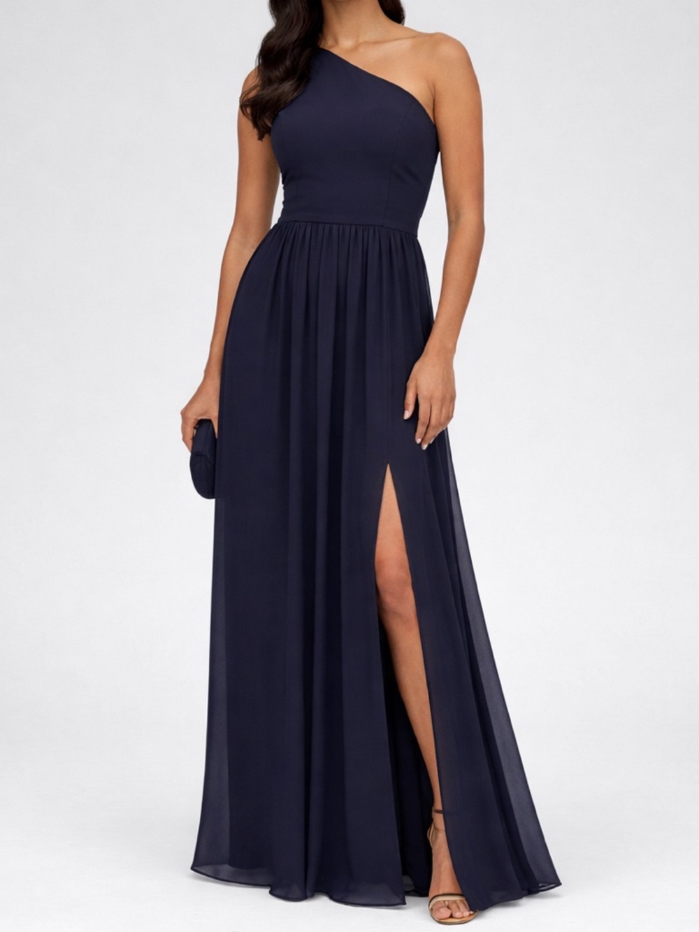 🆕🫐 Adrianna Papell Navy One Shoulder Maxi Dress Elegant Formal Gown Slit Size 8